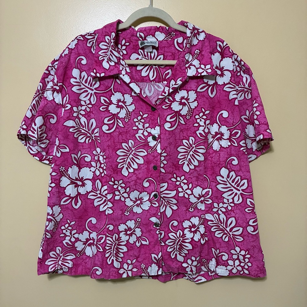 Aloha Republic Hawaiiaon Shirt Women’s 3XL Hot Pink Hiabiscus Flower Button Up